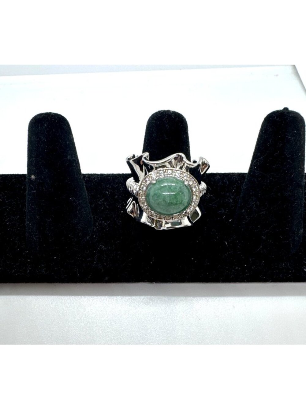 Michelle Albala Jadeite Ring 925 Sterling Silver White Topaz Wide Ruffle Size 8